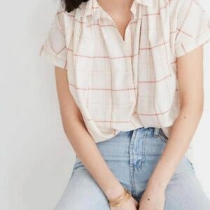 Madewell Cream Short-Sleeve Plaid Button Front Top with Soft Pink Lines